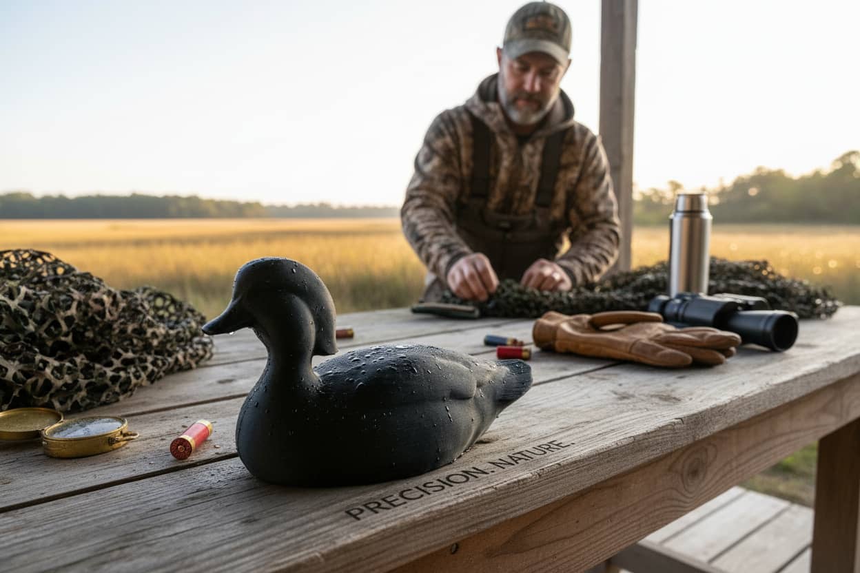 A 3D-printed duck decoy on an outdoor workbench