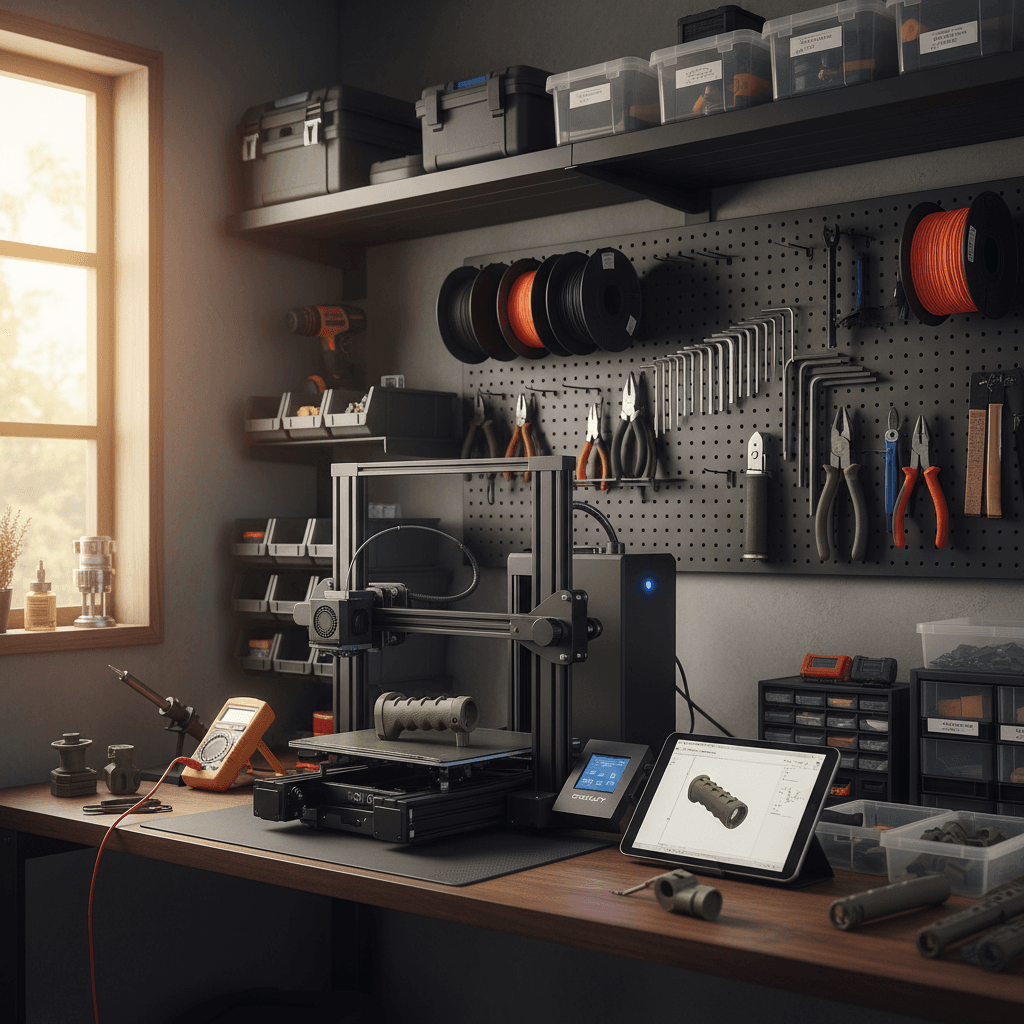 3D printer workbench with filament and tools