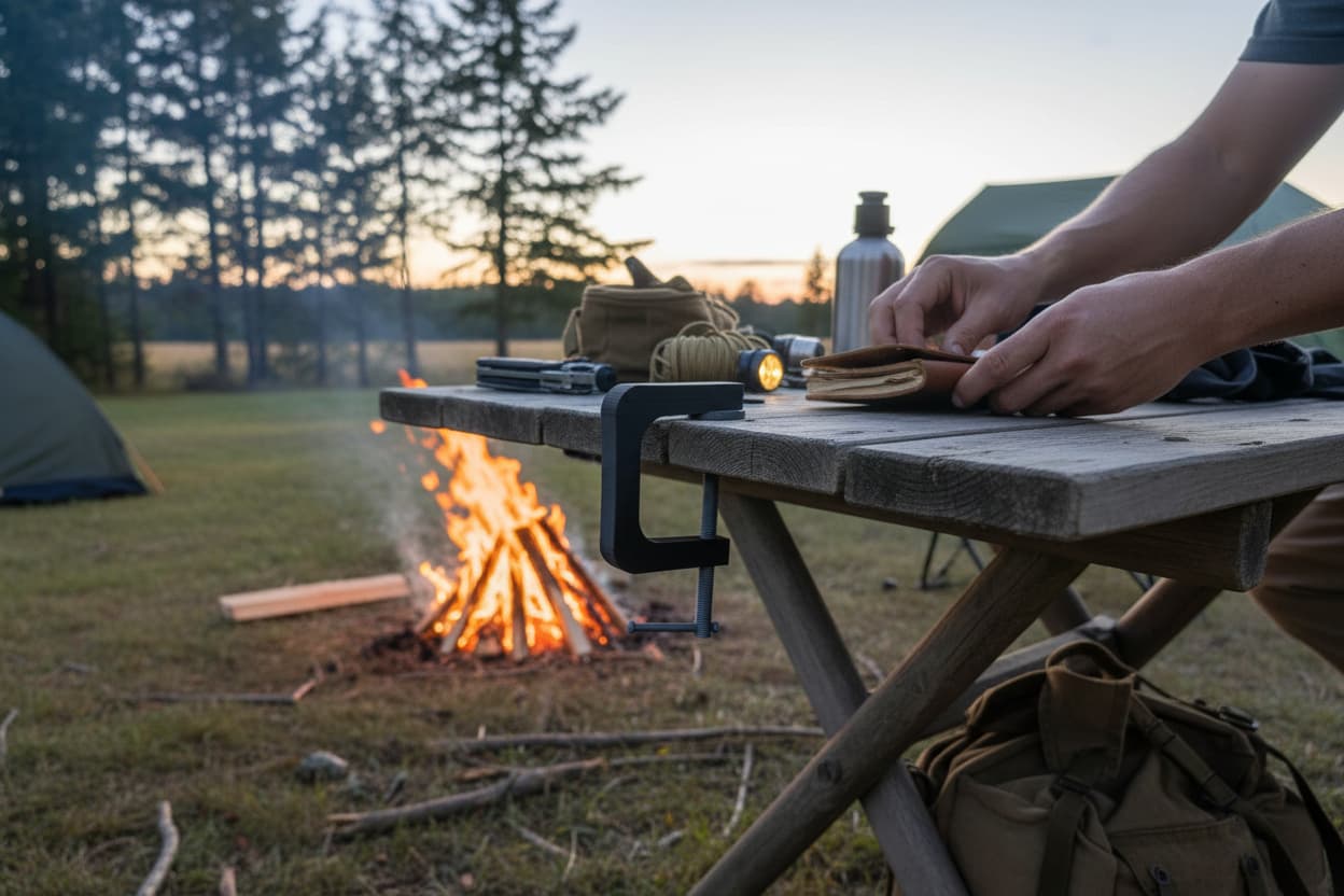 A printed C-clamp on a picnic table at dusk, campfire and pines behind it