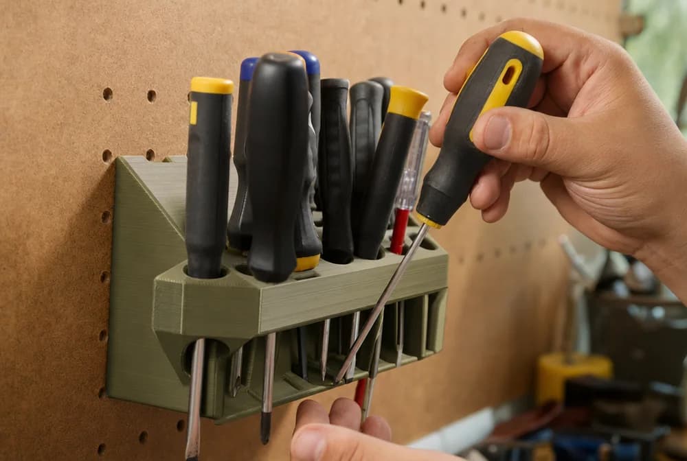 A printed olive tool holder on a pegboard, screwdrivers seated, a hand lifting one free