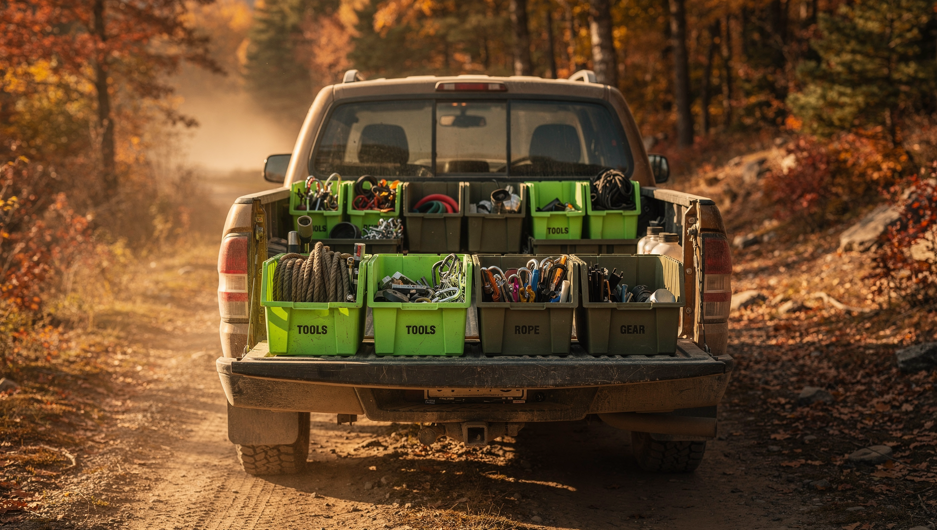 Pickup truck tailgate full of organized printed gear bins on a backwoods autumn trail.